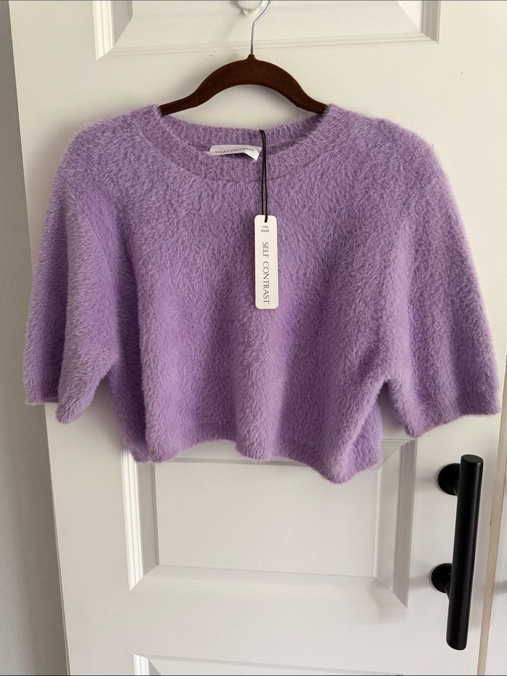 Anthro Self Contrast Lavender‎ Fuzzy Crop Sweater small
